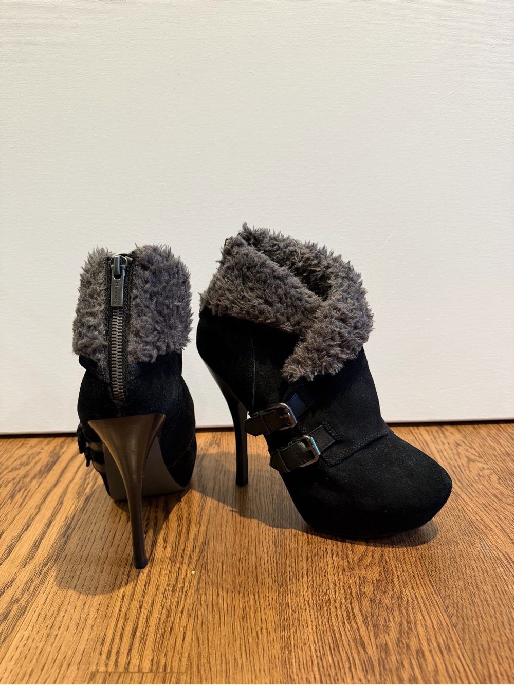 BCBGMaxAzria Black Suede Ankle Boots with Gray Faux Fur Cuff